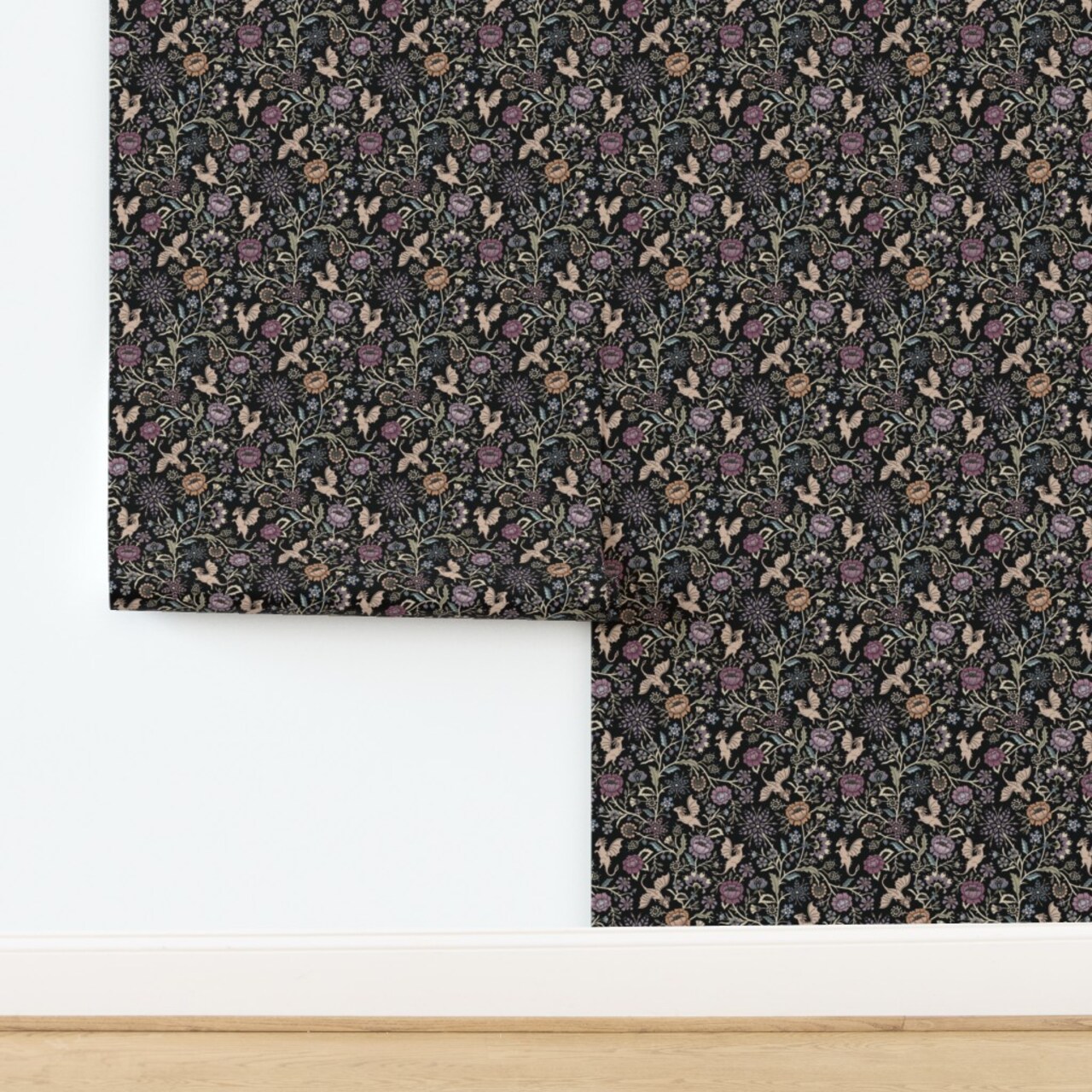 Fantasy Floral Fairy Tale Gothic Black Purple Traditional Floral Victorian Arts And Crafts Custom Removable Wallpaper by Spoonflower Peel & Stick Wallpaper 2FT Wide